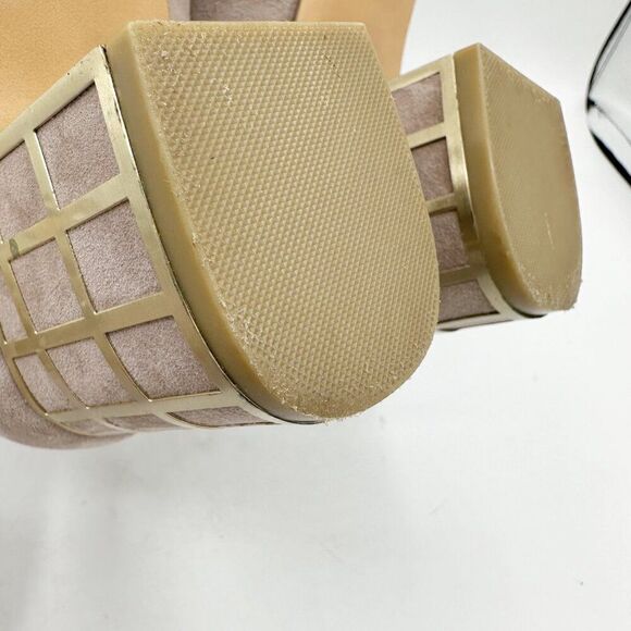 Brian Atwood‎ Karina Taupe Suede Block Heel Pumps With Gold Grid Heel Design 10 - Picture 10 of 16